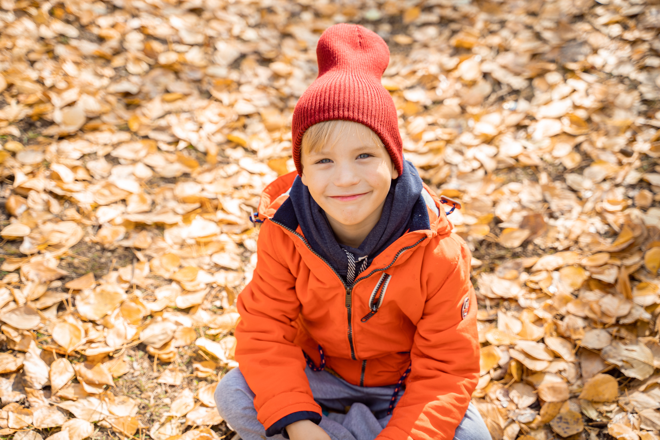 Söt pojke i orange jacka och mössa sittande bland fallna höstlöv.